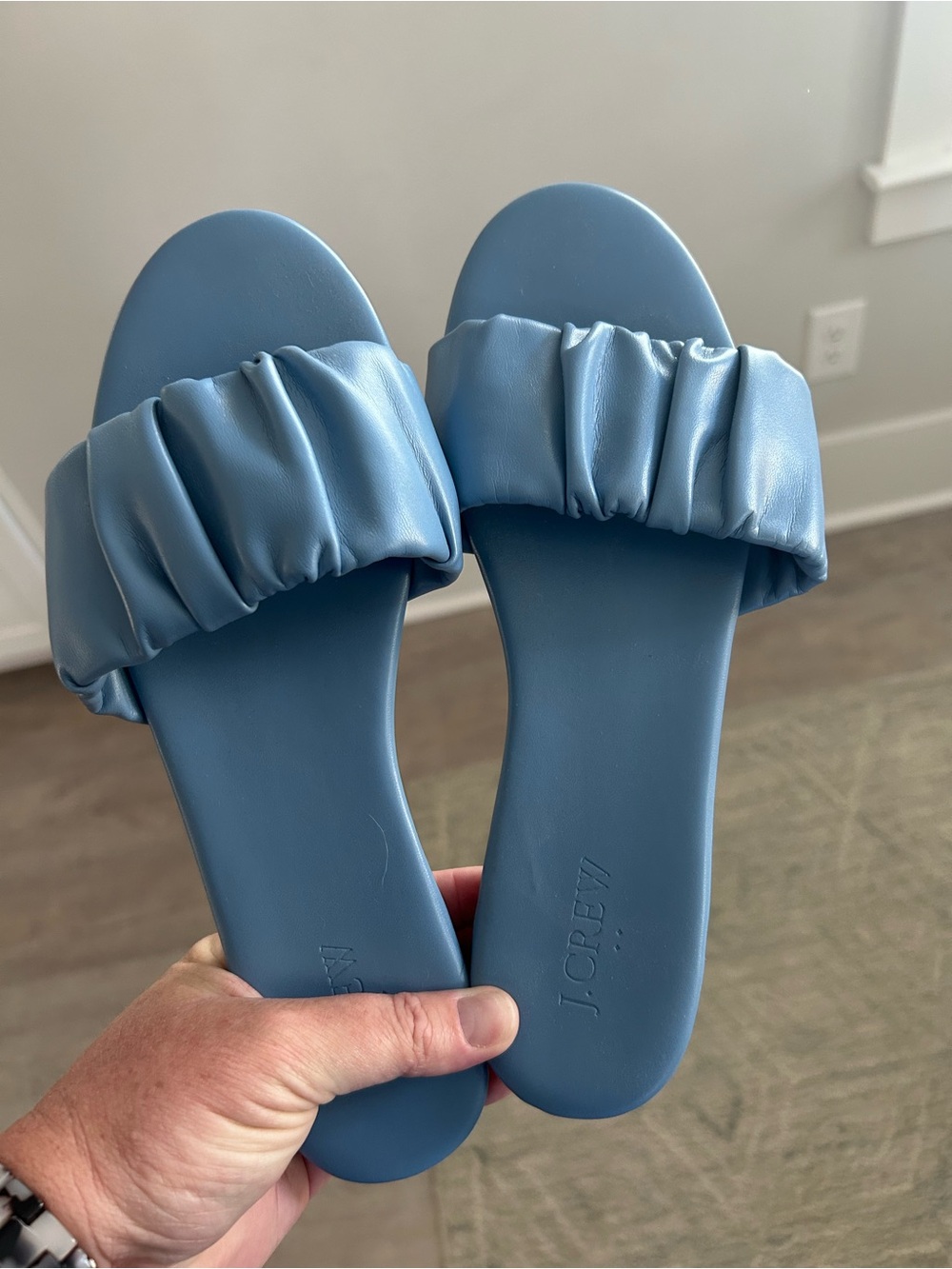 J. Crew Factory Dusty Blue Ruched Slide Sandals